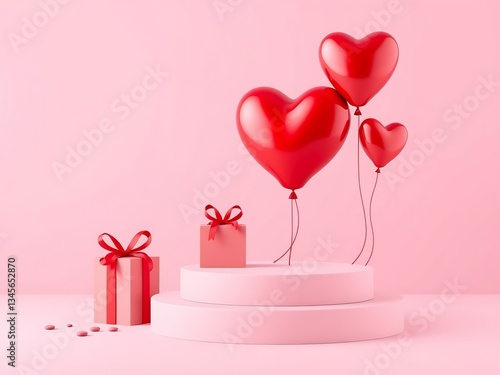 Romantic Red Heart Balloons Float Above Gifts. AI Generated