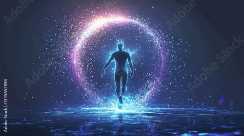 Luminous Figure Walking Through Energetic Portal