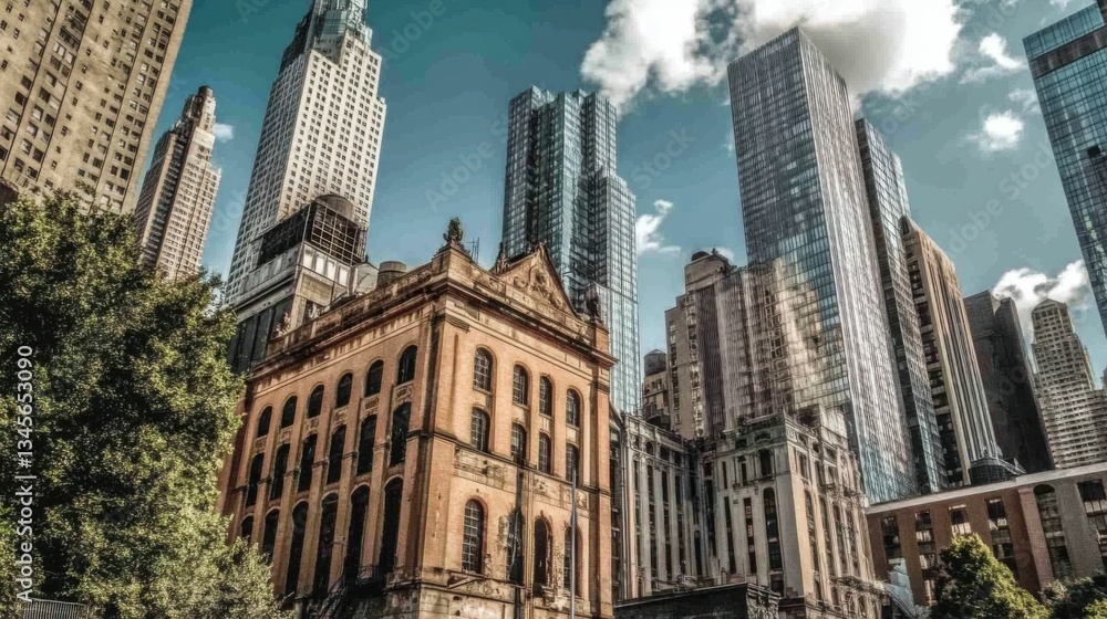 Fototapeta premium A historical landmark surrounded by modern skyscrapers.