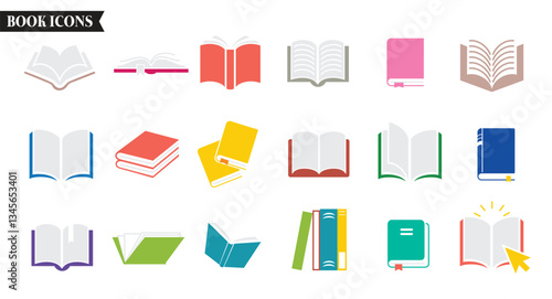 Books icon colorful clipart set. Textbook drawing icons clip art in open and closed pictogram school library elements multicolored collection vector illustration. 
