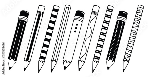 Pencil icon silhouette clipart set. Writing and drawing clip art elements like ball pen, crayon, pen and marker sign symbol pictogram collection vector illustration. 
