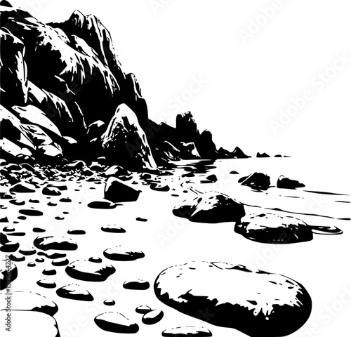 Monochrome Rocky Beach with Tide Pools Seaside Nature Illustration Artwork