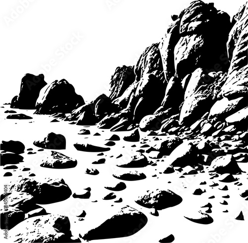 Monochrome rocky beach with tide pools seascape shoreline coastal ocean nature landscape art design vector graphic illustration black and white minimalist detailed