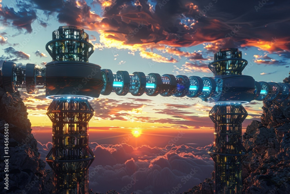 Fototapeta premium Futuristic towers linked by glowing object storage form a bridge against a vibrant sunset sky above the clouds.