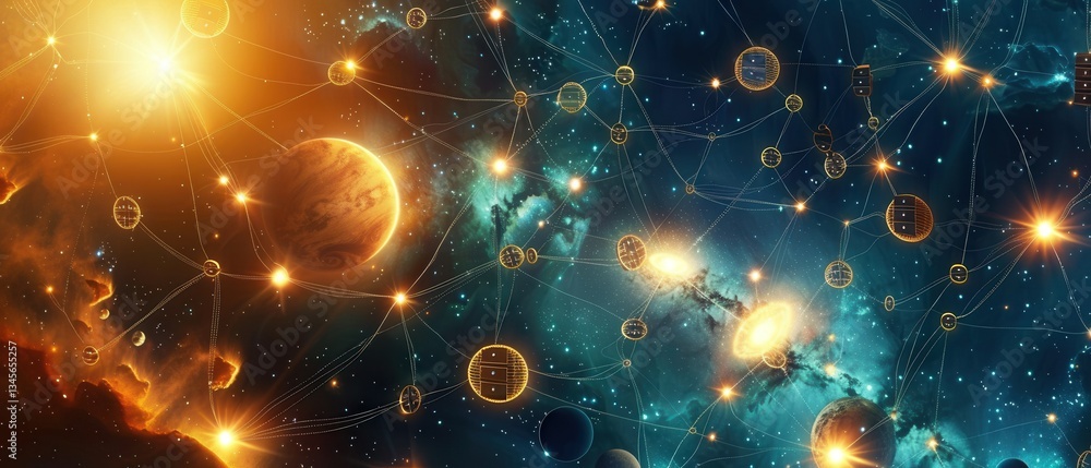 A galaxy of glowing data storage devices connected by networks amid nebulae and planets. A galaxy of glowing data storage devices connected by networks amid nebulae and planets.