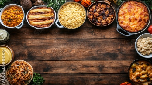 Rustic Wooden Table with a Variety of Delicious Home-Cooked Dishes