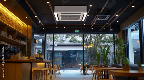 White commercial built-in air conditioner and down light in cafe' shop.Air conditioning on the ceiling. four-way cooling system.4 way air conditioner.