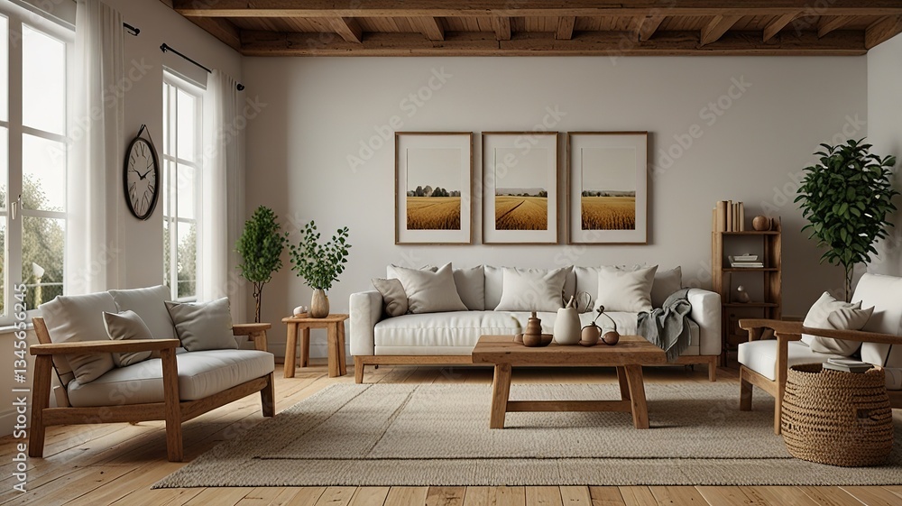 Fototapeta premium Interior living room, white room with wooden furniture