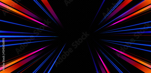 Speed lines burst from center, glowing neon blue red streaks zoom out with dynamic motion acceleration effect. Futuristic warp tunnel abstract perspective background. Sci fi light trail movement