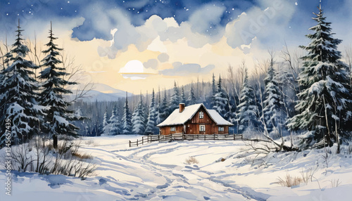 A snowy landscape watercolor with a cabin in the middle.