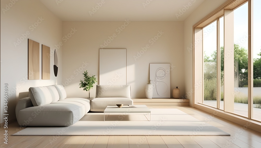 Fototapeta premium Serene Minimalist Japanese-Style Living Room Interior Design, Japandi living room interior with cozy beige couch, armchairs, modern minimalist design of apartment 