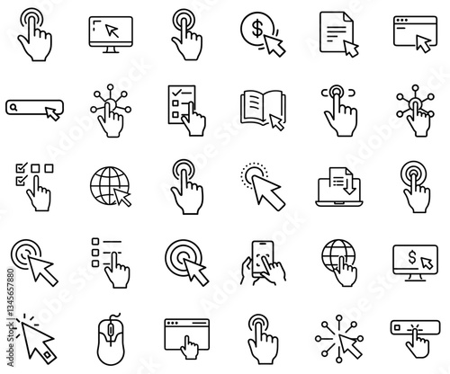 Click and Interaction Line Icons Set – Cursor, Touchscreen, Hand Click, Web Navigation, Digital Interaction, Mouse Pointer, Tap Gesture, Online Actions, Internet Browsing, and User Interface Icons