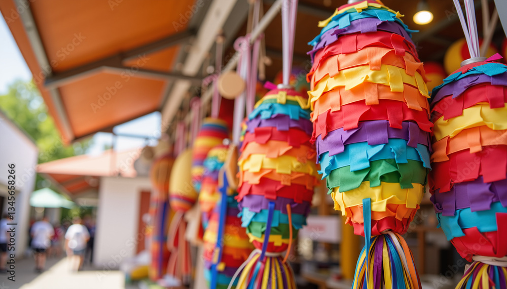 Fototapeta premium Colorful piñatas hanging at a festive market