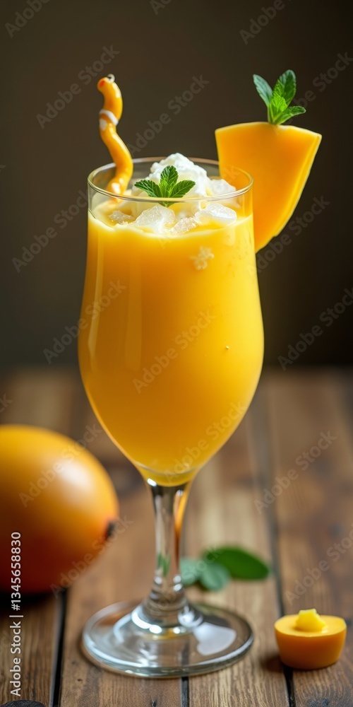 Fototapeta premium A glass of mango lassi, garnished with mint and served with a straw