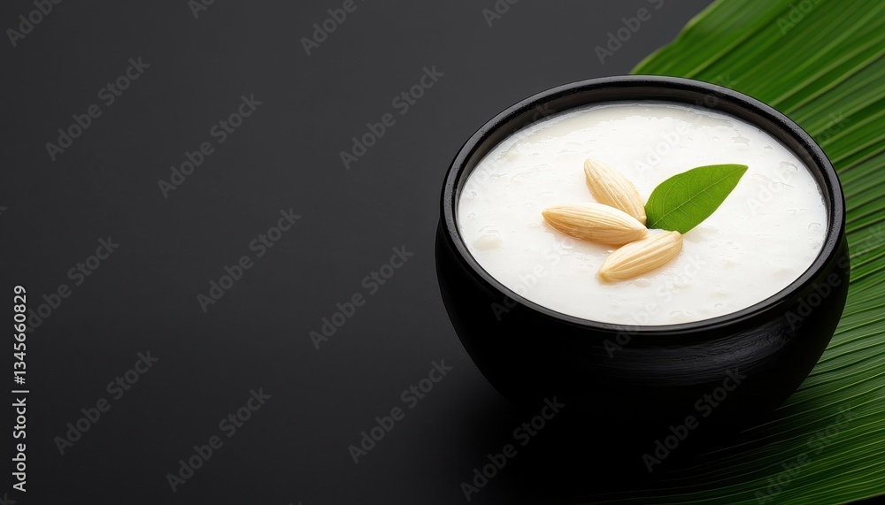 A beautiful bowl of creamy white yogurt garnished with nuts and a green leaf. A beautiful bowl of creamy white yogurt garnished with nuts and a green leaf.