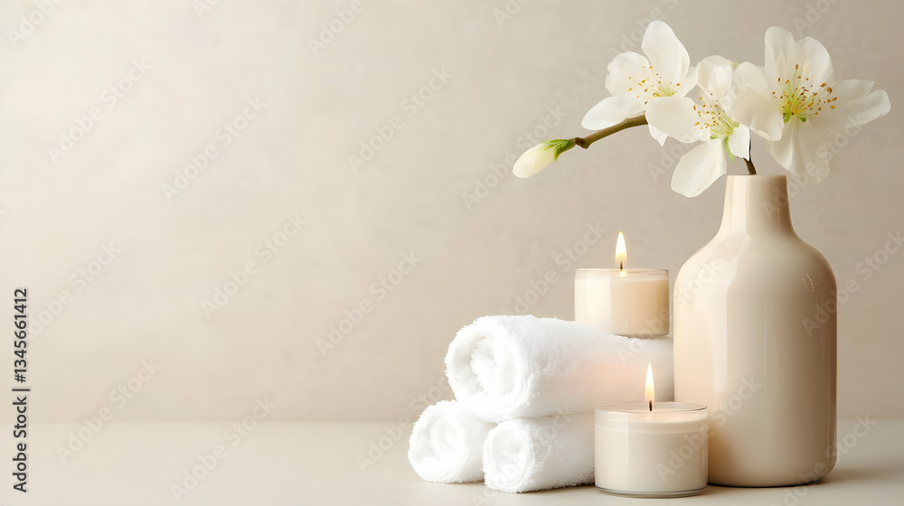 Elegant Spa Setting With White Flowers Candles And Towels Elegant Spa Setting With White Flowers Candles And Towels