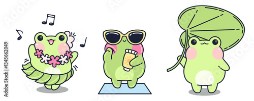 Kawaii frogs in summer outfits - dancing in floral dress, in sunglasses smearing with sunscreen, holding leaf umbrella. Cute cartoon green toad character with big eyes, rosy cheeks, adorable poses.