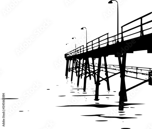 A serene monochrome illustration of a fishing pier extending into the ocean with a calm and scenic black and white artistic design