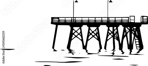 A monochrome black and white illustration of a fishing pier extending into the ocean with detailed minimalist design perfect for nature landscape scenic calm peaceful and serene themes in art and desi