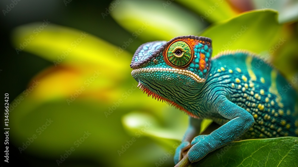 Fototapeta premium A Vibrant Chameleon, A Jewel Of The Rainforest, Perched On A Lush Green Leaf, Basking In The Soft Sunlight With A Blurred Background