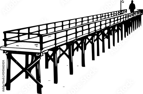 Monochrome illustration of a fishing pier extending into the ocean with detailed black and white artistic design for wall art prints posters and commercial use