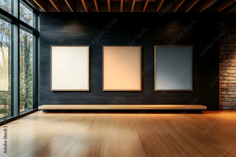 Modern Gallery with Three Blank Canvases on a Dark Wall Backdrop Modern Gallery with Three Blank Canvases on a Dark Wall Backdrop