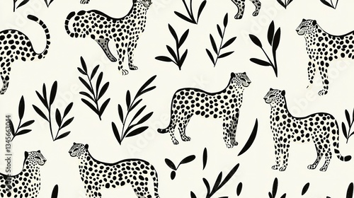 Illustrated repeated pattern of leopards with organic plant elements
