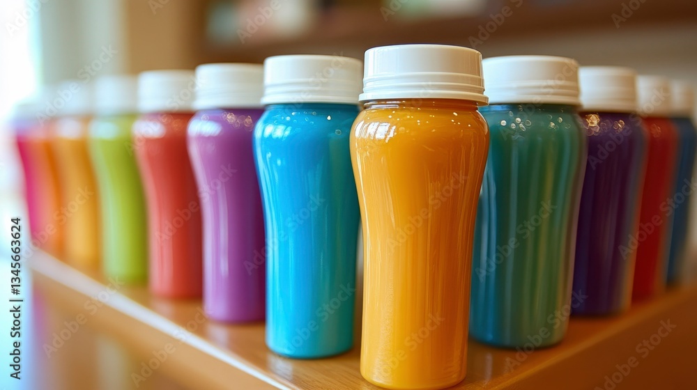 Row of Colorful Bottles Filled with Refreshing Drinks Row of Colorful Bottles Filled with Refreshing Drinks