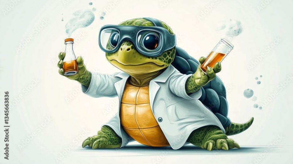 Obraz premium Cartoon turtle scientist wearing lab coat and goggles, holding chemical flask and test tube, conducting an experiment in a laboratory setting