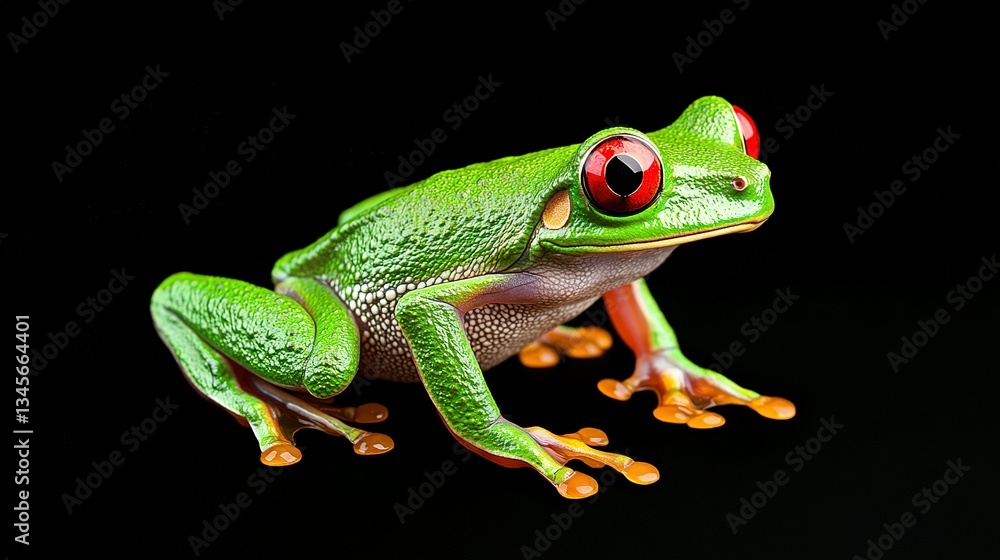 Fototapeta premium A Vibrant Green Frog With Bold Red Eyes On Black Background
