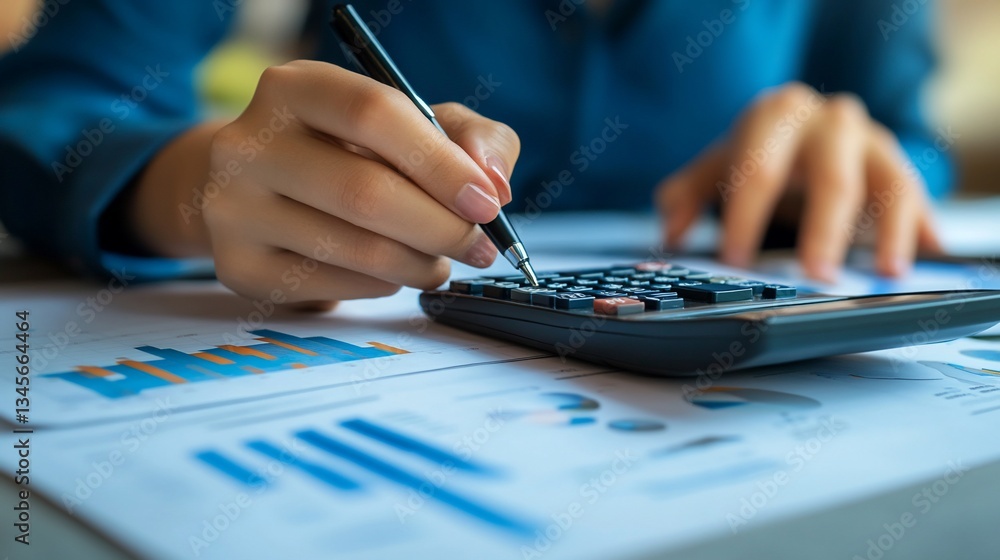 Woman calculating finances, office, charts, reports Woman calculating finances, office, charts, reports