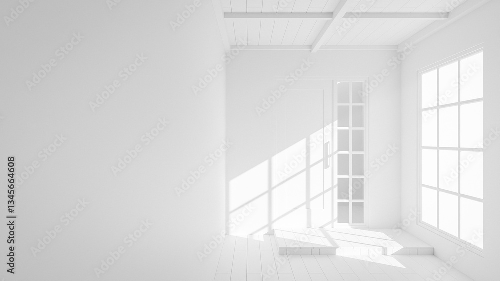 Fototapeta premium Japanese style room with a wooden door and windows. The room is empty and has a simple design. The sunlight coming in through the windows creates a warm and inviting atmosphere premium photo 3d render