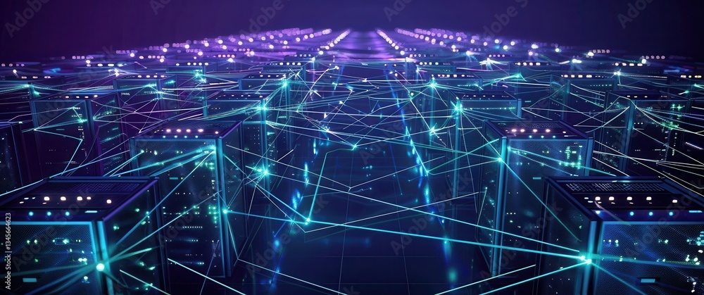 Obraz premium Geometric constellation of servers linked by light, visualized as a high-performance computing cluster in a dark void.