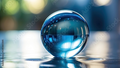 A round glass orb half-filled with a blue liquid is placed on a reflective surface