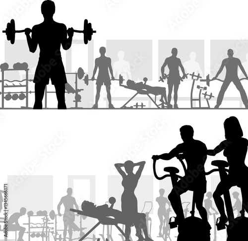 Two editable vector silhouettes of people exercising in the gym
