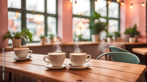 Wallpaper Mural Two steaming cappuccinos sit a wooden table a bright, cozy cafe. Torontodigital.ca