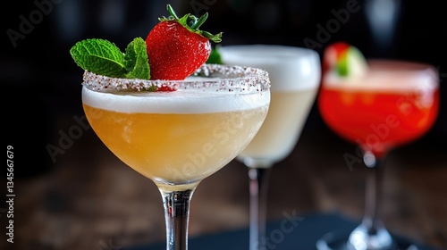 Three beautifully garnished cocktails, showcasing a variety of colors and flavors