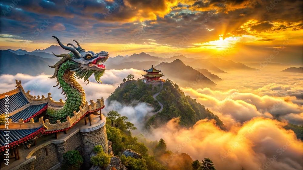 Fototapeta premium Majestic Dragon Soaring Above Chinese Landscape - Drone Aerial View