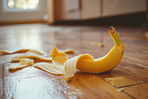 Banana peel taped down to the floor photo