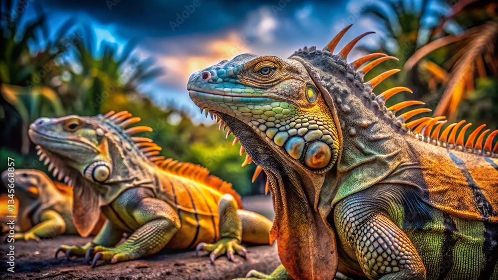 Obraz premium Majestic Florida Iguanas: Long Exposure Photography of Large Lizards Basking in Sunshine