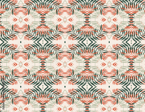 Coral and teal leaves in a geometric pattern, creating a visually striking and artistic design.