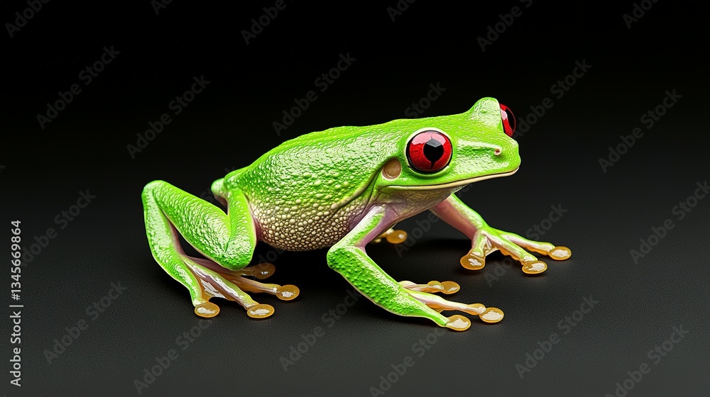 Obraz premium A vibrant green tree frog with bright red eyes posed on black