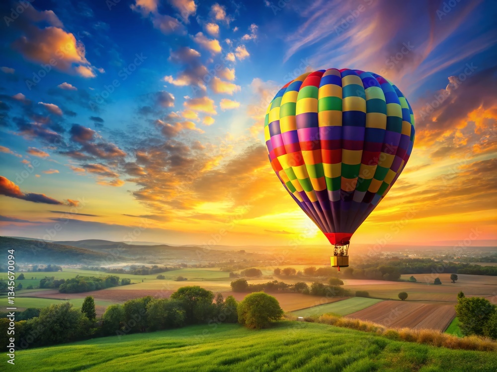 Fototapeta premium Majestic Hot Air Balloon Soaring Over Scenic Landscape at Sunrise - Stock Photo