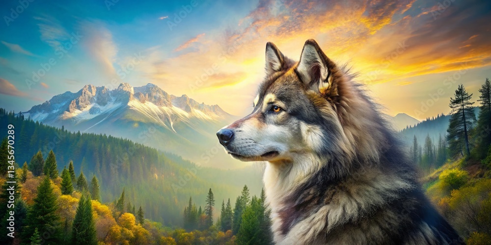 Naklejka premium Majestic Husky Pomeranian Mix Adult Dog Double Exposure Photography Stock Photo