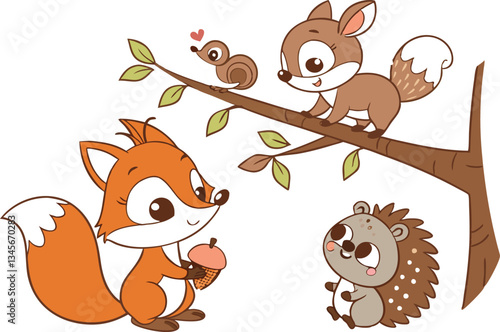 Cartoon animals fox squirrel hedgehog and bird on a branch with leaves in a cute illustration style