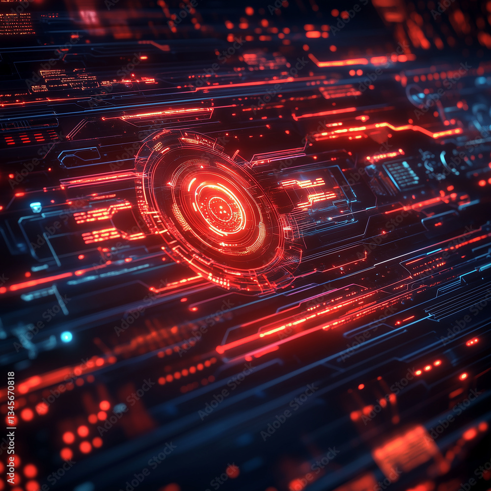 Obraz premium A computer screen with a red circle in the middle. The circle is surrounded by a red line and the rest of the screen is filled with red lines. Concept of technology and digital art, with the red lines