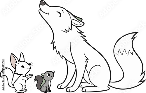 Cartoon illustration of a howling wolf with a squirrel and rabbit on a white background art