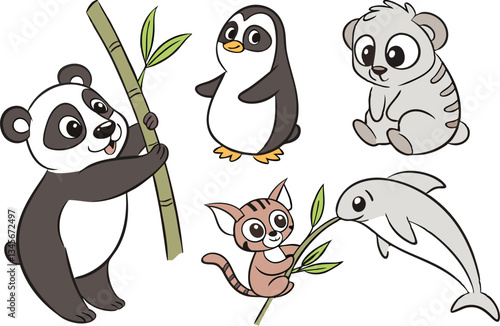 Cartoon illustration of a panda penguin koala lemur and dolphin on a white background