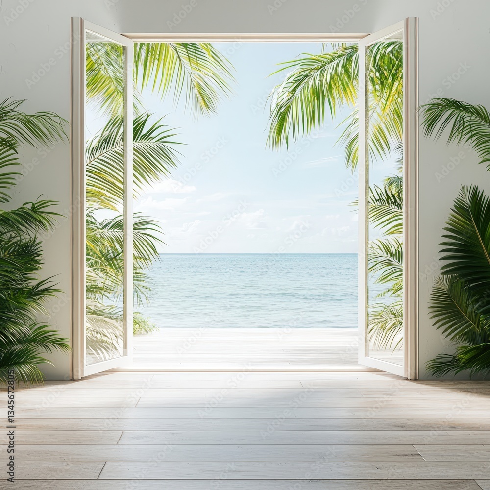 Fototapeta premium Serene Beach View Through Open Doors with Tropical Foliage