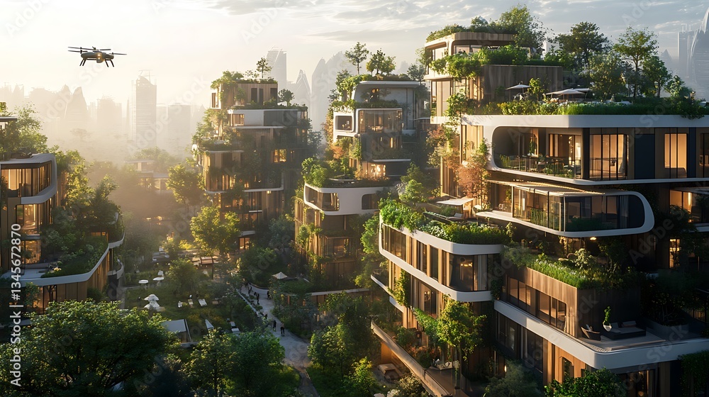 Obraz premium A futuristic metropolis built entirely with sustainable materials, featuring rooftop farms, solar energy panels, and vast green parks integrated into the urban landscape.